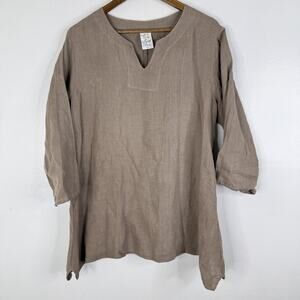 Match Point Top Blouse M Beige 100% Linen V Neck Tunic 3/4 Sleeve USA Womens